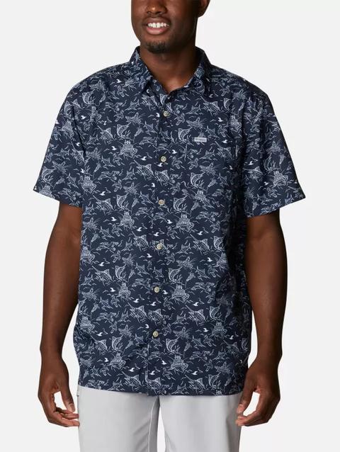 Men's PFG Super Slack Tide™ Camp Shirt - Tall Coll Navy Small Mighty Marlins Print