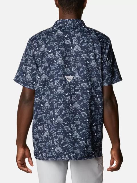 Men's PFG Super Slack Tide™ Camp Shirt - Tall Coll Navy Small Mighty Marlins Print