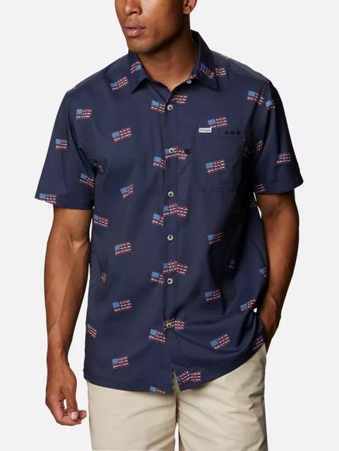 Men's PFG Super Slack Tide™ Camp Shirt - Tall Collegiate Navy Fish Flag Print