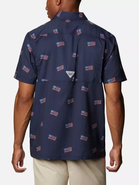 Men's PFG Super Slack Tide™ Camp Shirt - Tall Collegiate Navy Fish Flag Print