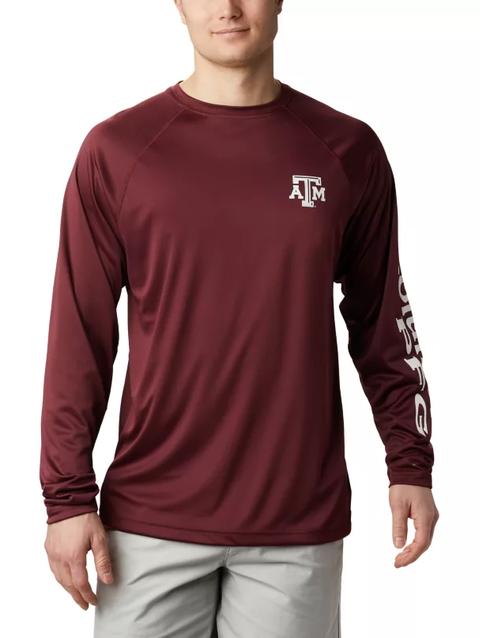 Men's Collegiate PFG Terminal Tackle™ Long Sleeve Shirt - Texas A&M TAM - Deep Maroon, White